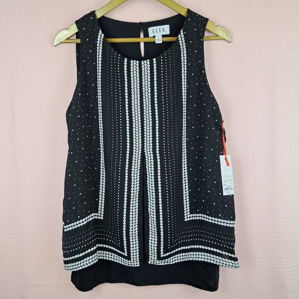 NEW ELLE Brand Split Front Shell/Blouse, Sleeveless Black & White Polka Dot S